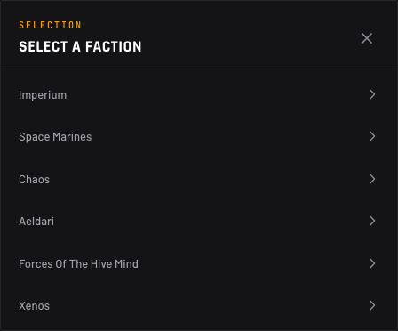 Faction selection panel grouped by Imperium, Chaos, Aeldari, Tyranids, and Xenos