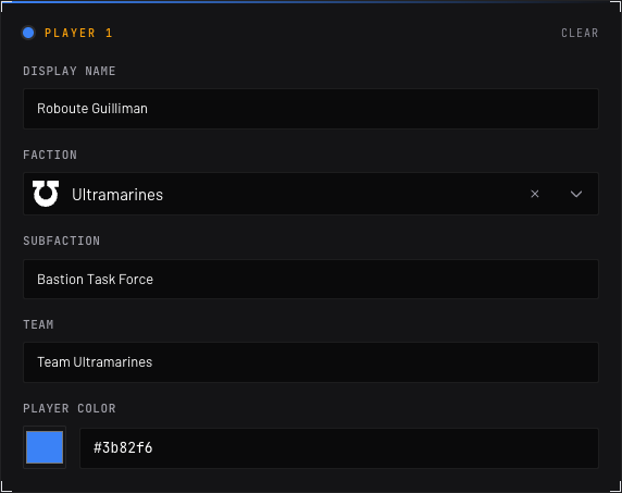 Player 1 panel with display name, faction, subfaction, team, and color fields