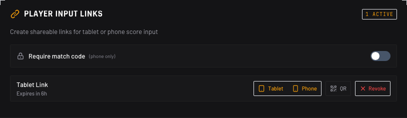 Player input links panel with match code toggle and an active tablet link