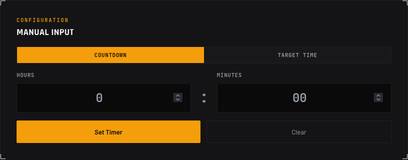 Manual input panel with Countdown selected, hours and minutes fields, and Set Timer button