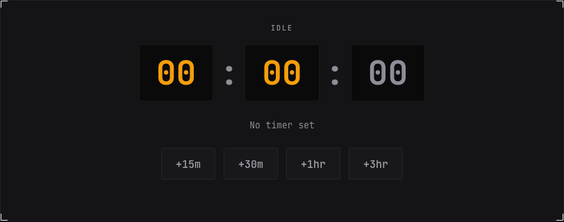 Idle timer display showing 00:00:00 with quick-add buttons for 15m, 30m, 1hr, and 3hr