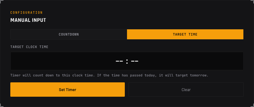 Manual input panel with Target Time selected and a target clock time field